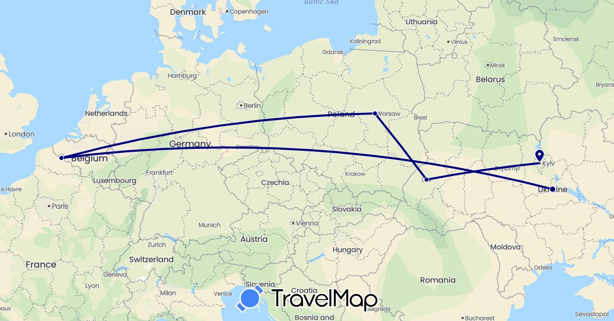TravelMap itinerary: driving in France, Poland, Ukraine (Europe)